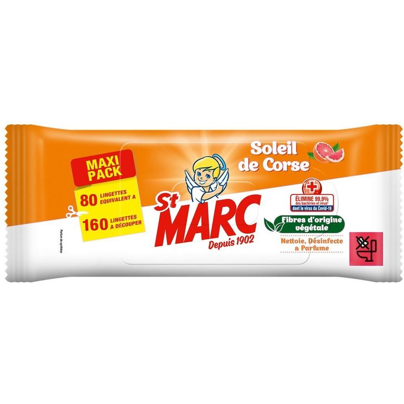 ST MARC Lingettes Soleil de Corse compostables Sachet de 80 lingettes larges (=160 normales)