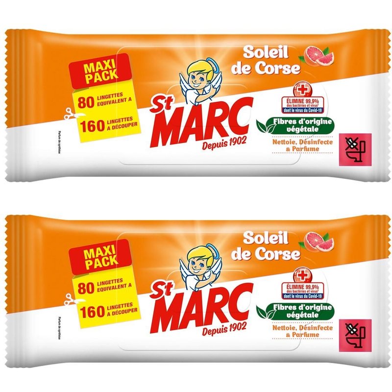 ST MARC Lot de 2 Lingettes Soleil de Corse compostables Sachet de 80 lingettes larges (=160 normales)