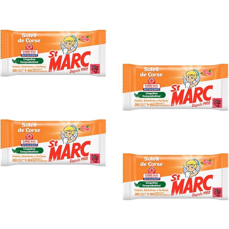 ST MARC Lot de 4 Sachets de 30 Lingettes Larges (=60 Normales) - Compostables Soleil de Corse