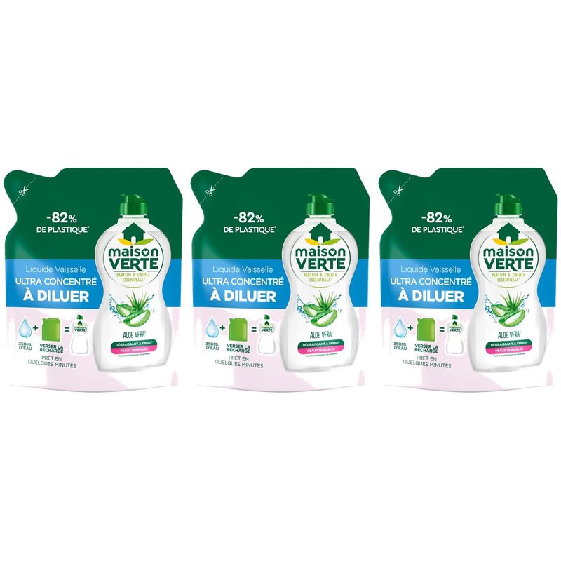 MAISON VERTE Lot de 3 Liquides Vaisselle Ultra concentré à Diluer Aloe Vera 150ml