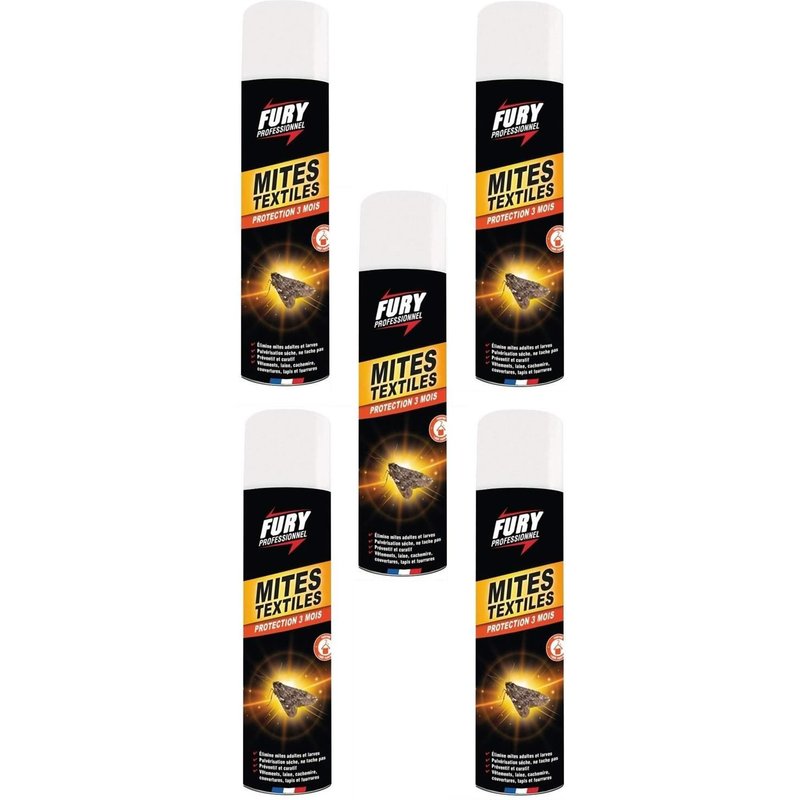 Fury Lot de 5 Aérosols 400 ml Anti-Mites et Larves Textiles Pulvérisation Sèche