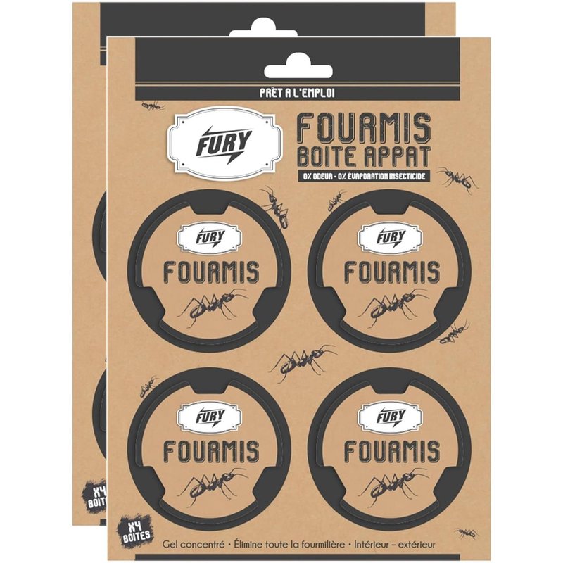 Fury Lot de 2 Packs de 4 Boites Appât Anti-Fourmis 0% Evaporation d'Insecticide