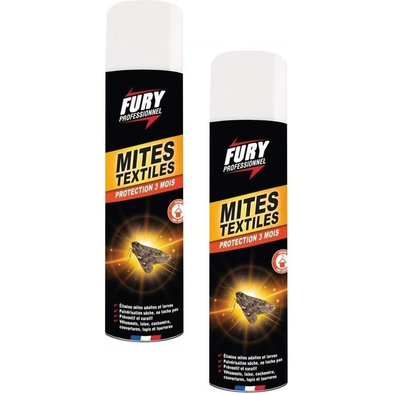 Fury Lot de 2 Aérosols 400 ml Anti-Mites et Larves Textiles Pulvérisation Sèche