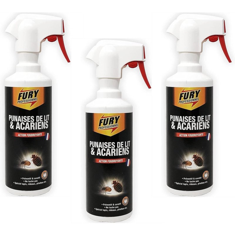 Fury Lot de 3 flacons 500 ml Tue punaises de lit et acariens prêt à l'emploi