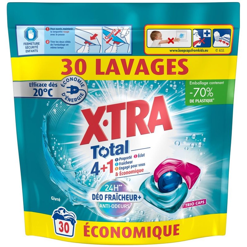 X-TRA Lessive Trio-Capsule Total Déo Fraîcheur+ Givré x30