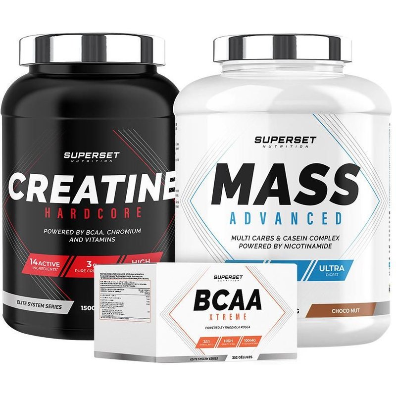 Programme Prise De Masse Confirmé - Mass Advanced 2,5kg Choco Nut - Créatine Hardcore 1,5kg Tropical - Bcaa Xtreme