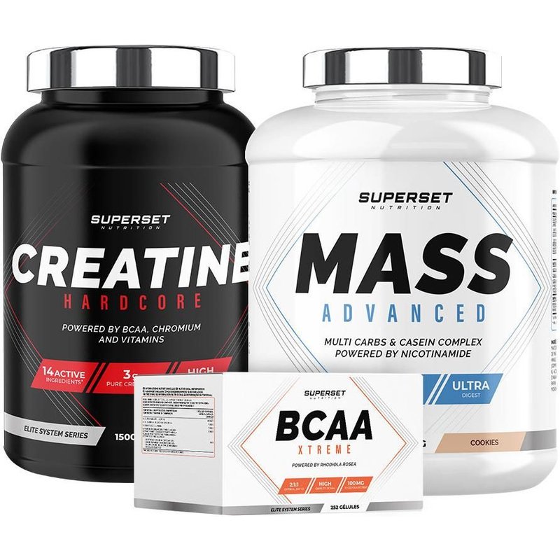 Programme Prise De Masse Confirmé - Mass Advanced 2,5kg Cookies - Créatine Hardcore 1,5kg Orange - Bcaa Xtreme