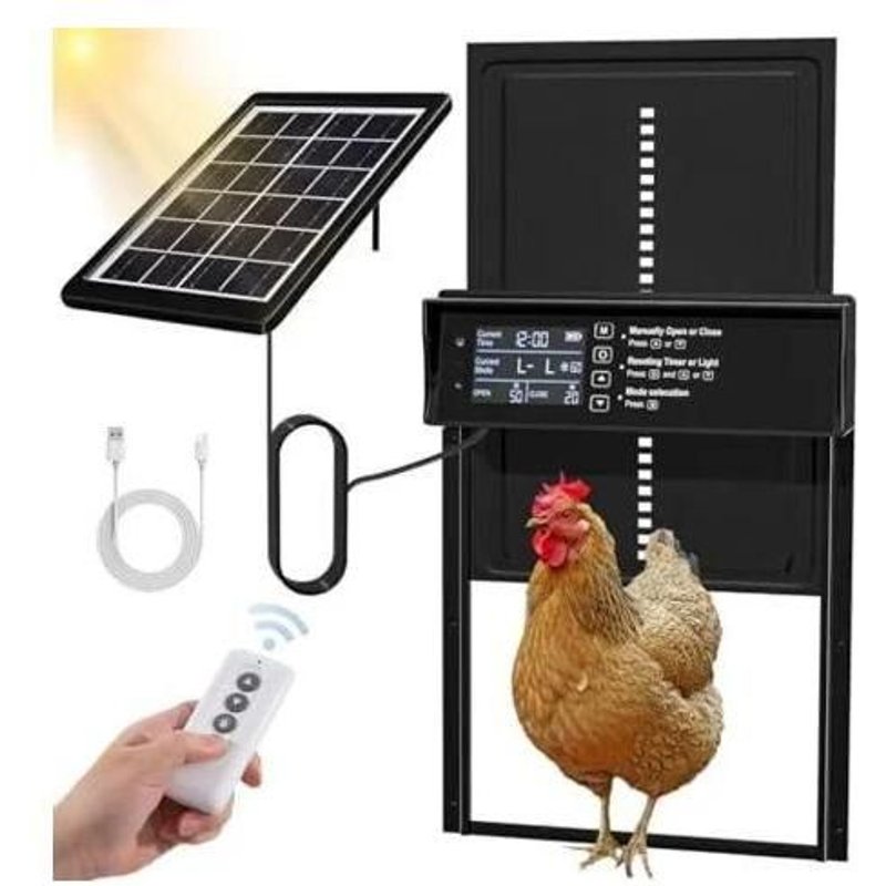 Porte Poulailler Automatique Solaire, Porte Automatique Poulailler Solaire, Porte Poulailler Avec Affichage Led, Capteur De Lumière, Telecommande, Commande De Minuterie