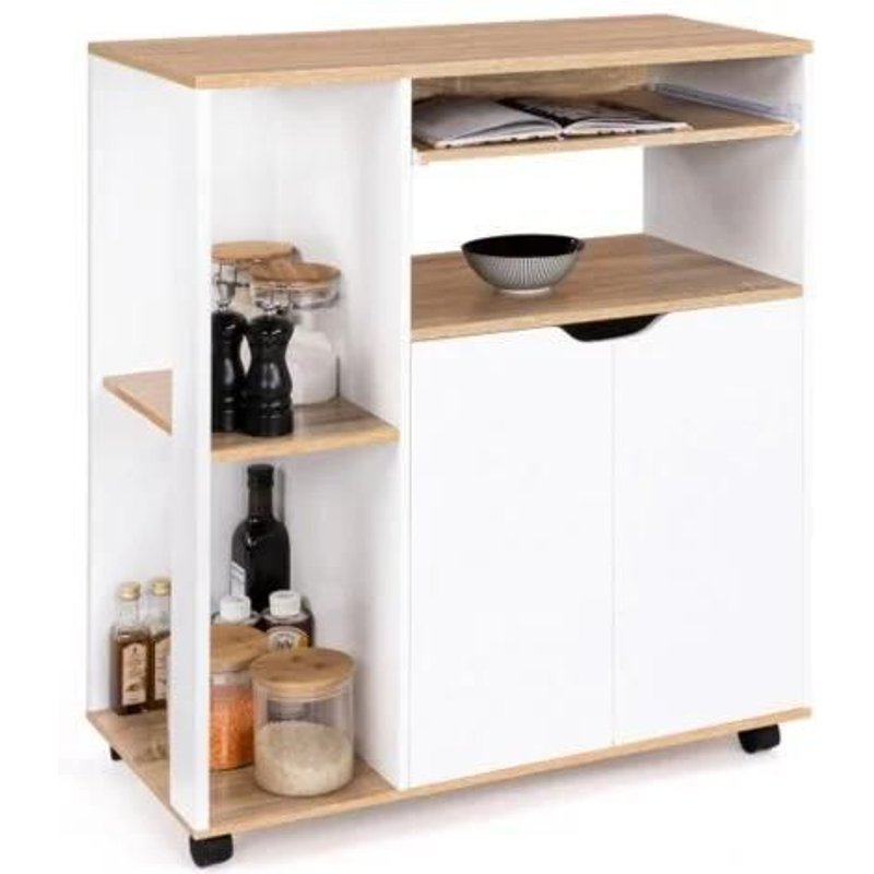 Desserte de cuisine COSI bois blanc et plateaux façon hĂȘtre L.76 CM