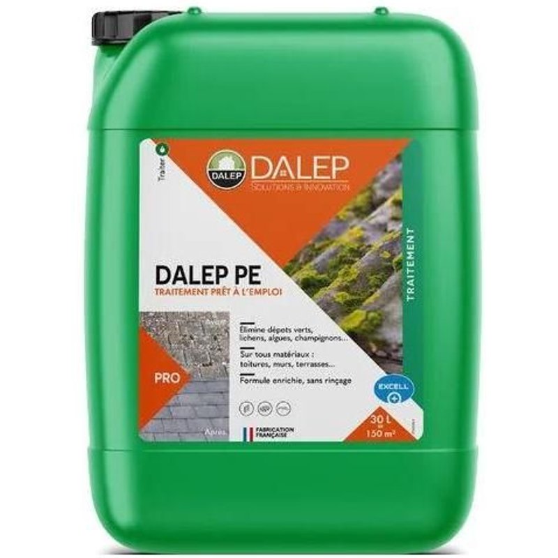 Antimousse PrĂ©ventif-Curatif DALEP PE Bidon de 30 Litres, PrĂȘt Ă l'emploi, pour toitures, murs et terrasses