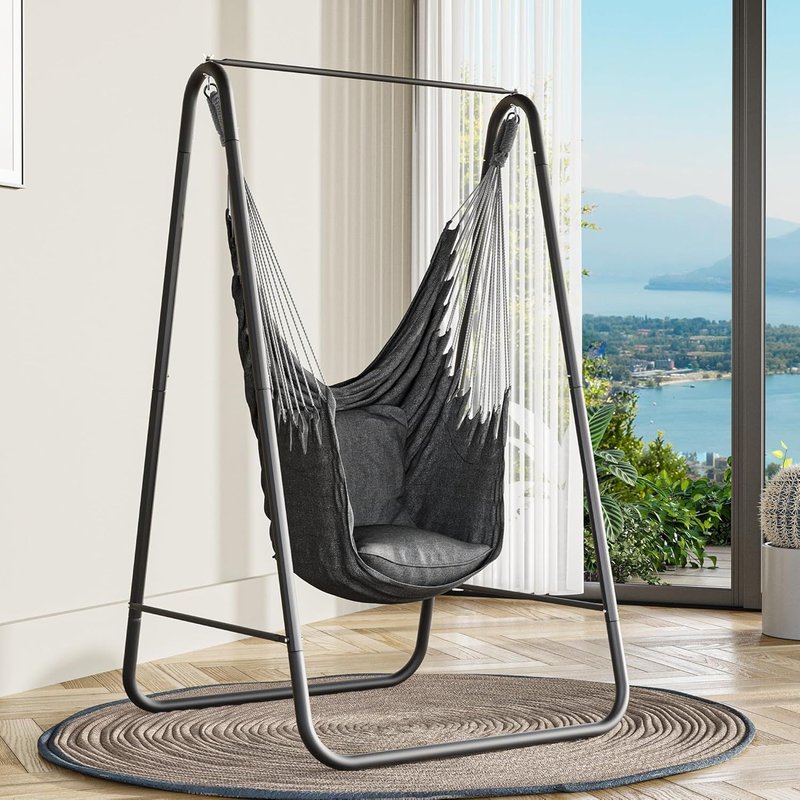 Hamac Avec Support 92x39x11 Cm, Cadre Robuste, Support De Hamac Avec Balançoire Suspendue, Charge Maximale 150 Kg, Chaise Suspendue Avec 2 Crochets Et 2 Coussins De Dossier Pour Jardin, Noir