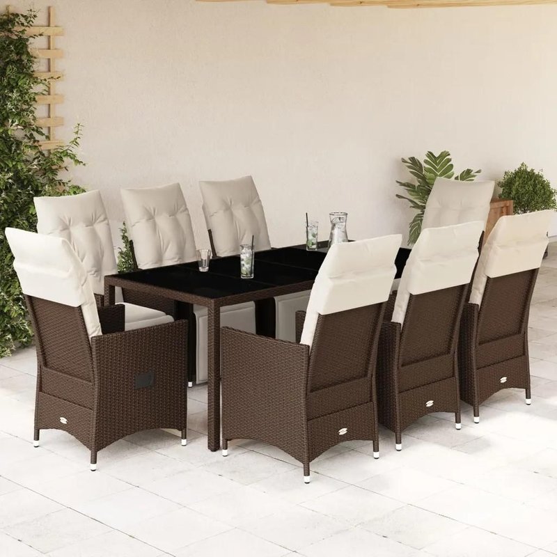 Prolenta Premium - Ensemble De Bistro De Jardin 9 Pcs Coussins Marron Poly Rotin