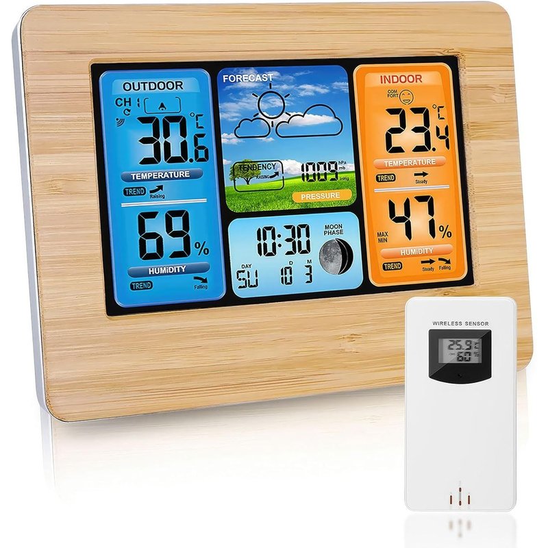 Station Météo Avec Intérieure Extérieure Capteur Sans Fil Thermomètre Hygromètre Baromètre Phase De Lune écran LCD Couleur Numérique Snooze Réveil Chambre Salon