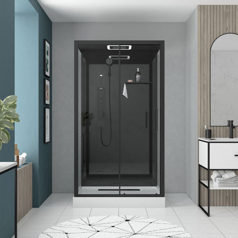 Cabine de douche Hydromassante 115x90x218 cm - Porte coulissante - Fonds & Profilés Noir Mat