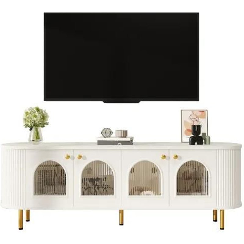Armoire Tv Lowboard Avec Portes Vitrées, Meuble De Rangement Pratique Pour Le Salon, Poignées Et Pieds Dorés