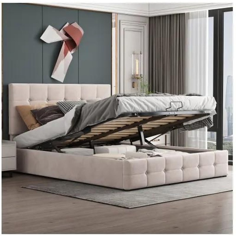 Lit Rembourré 140*200, Double Avec Rangement Pliant Hydraulique, Tête De Lit Rembourrée Réglable En Hauteur, Couleur Crème