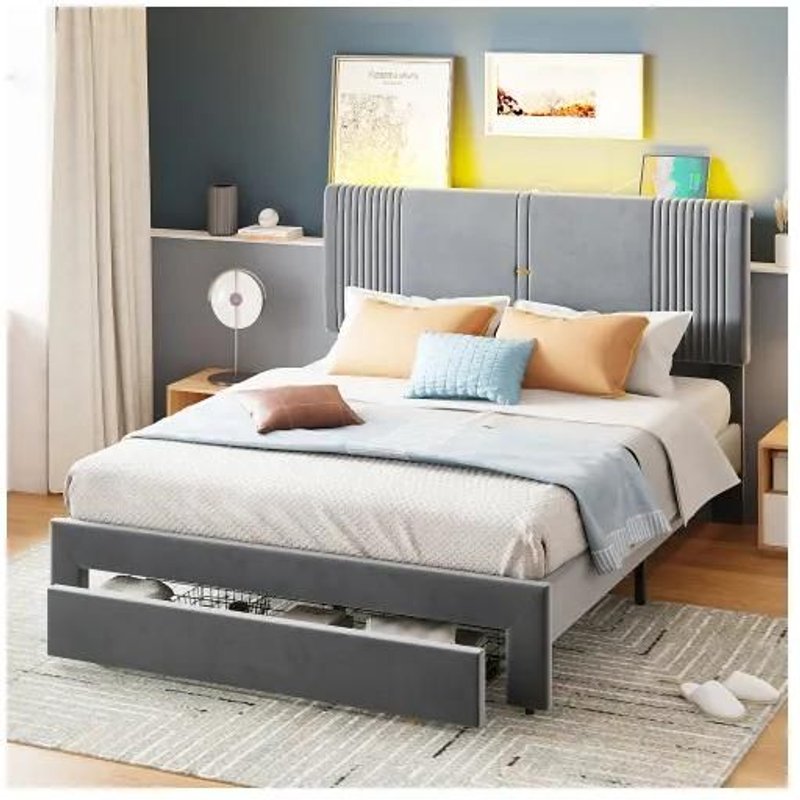 Lit Rembourré 140 X 200 Cm, Lit Double Avec Barre Lumineuse Et Prise Usb, Dossier Et Grand Tiroir, Gris