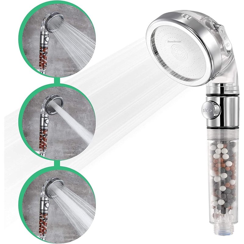 Pommeau de douche haute pression pour eau dure avec 3 réglages de pulvérisation ¿ avec bouton EcoStop (marche/arrêt) pour douches non électriques uniquement