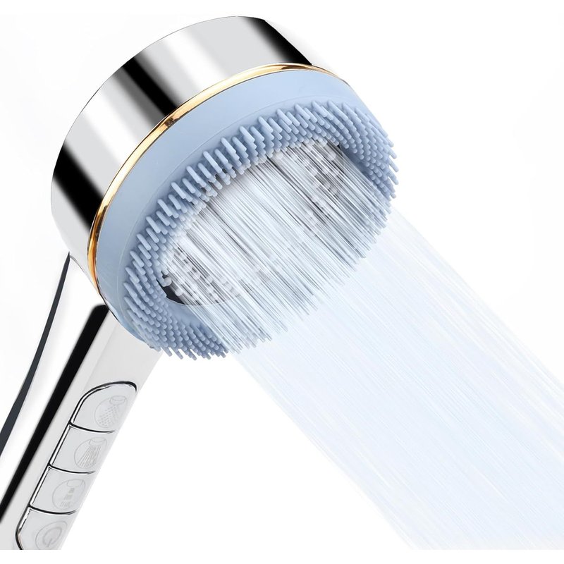 Pommeau de Douche 4 Jets - Pommeau Douche Anti-Calcaire Haute Pression & Brosse Massage Silicone - Douchette ABS Économie d'Eau - Raccord Universel 1/4