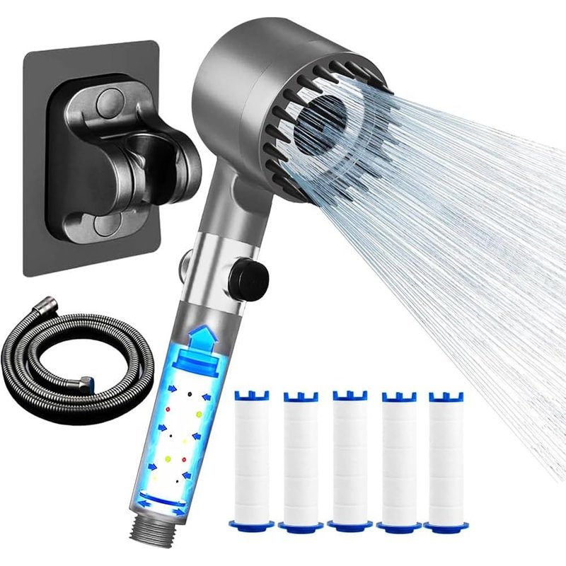 Pommeau de douche avec tuyau 1,5M,support et 5 filtres,pommeau de douche haute pression,3 + 1 Types de Jets pommeau de douche economie deau,Pommeau Douche Anti Calcaire avec Filtre (Gris)