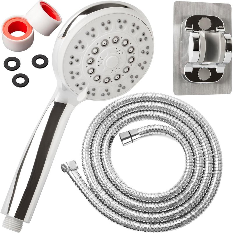 Pommeau Flexible Tuyau de Douche universel 2 mètres 5 Modes de Jet d'Eau Agréables En Acier Inoxydable Avec Support Douchette Pomme de Salle de Bains Adhésif économie d'eau Instal Facile Ens éco