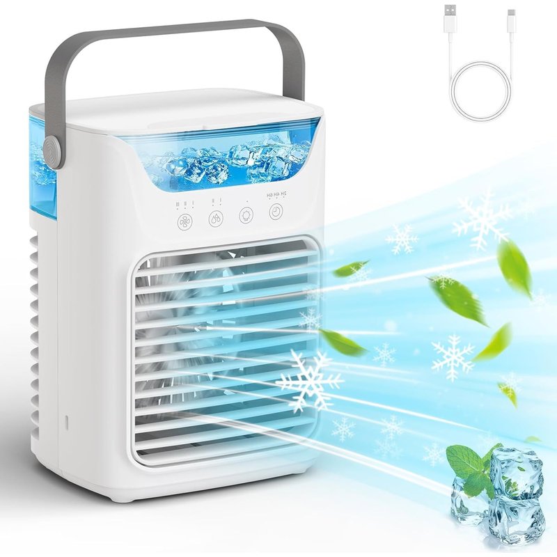Climatiseur Portable, 650ML Refroidisseur d'Air par Evaporation avec minuterie de 2 Ă 6 h, 3 Vitesses, 2 Modes de Brumisation, Climatiseur Mobile Silencieux avec 7 LED Couleurs pour Maison