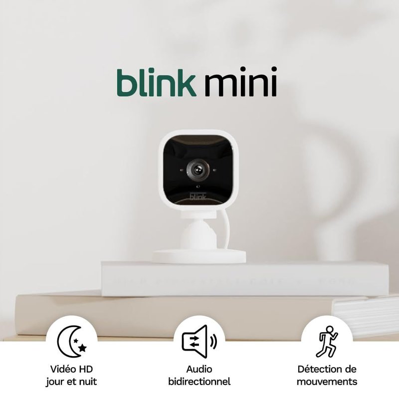 Mini Caméra d'intérieur connectée compacte à brancher Vidéo HD 1080p, vision nocturne, détection de mouvements, audio bidirectionnel, config. facile, fonctionne avec Alexa 2 caméras, Blanc