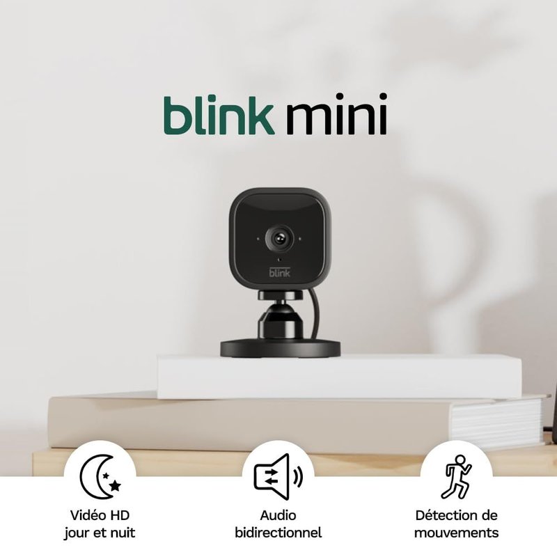 Mini Caméra d'intérieur connectée compacte à brancher Vidéo HD 1080p, vision nocturne, détection de mouvements, audio bidirectionnel, config. facile, fonctionne avec Alexa 2 caméras, Noir