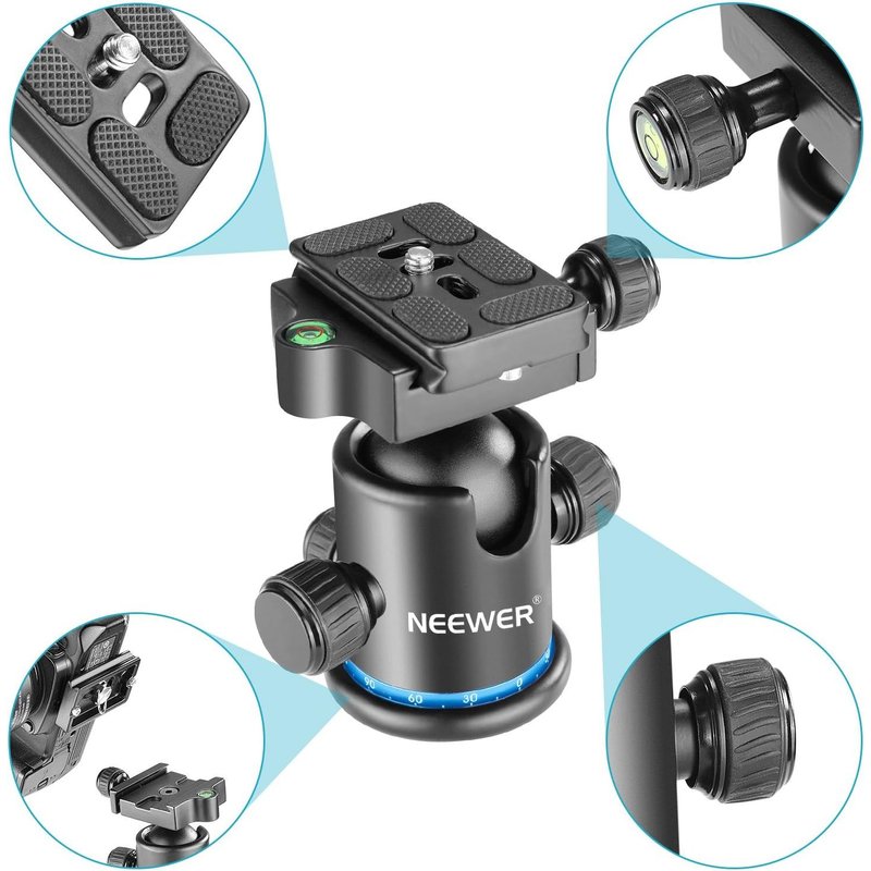 NEEWER Tête sphérique Pro en métal rotative à 360 degrés avec Plaque Rapide de 6,35 mm, Niveau à Bulle pour trépied, Monopode, Curseur, Appareil Photo Reflex numérique, caméscope jusqu'à 8 kg (bleu)