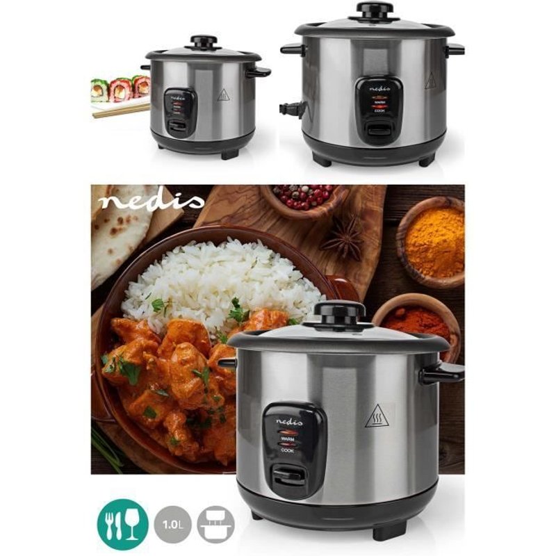 Cuiseur à Riz INOX 1L 400 W Revêtement antiadhésif Bol amovible Arrêt automatique en inox