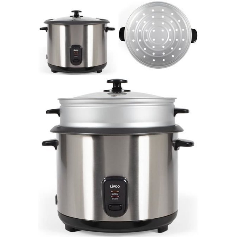 Cuiseur Ă Riz 2.8L 1000W GRIS INOX + Panier vapeur RevĂȘtement antiadhĂ©sif Bol amovible ArrĂȘt automatique