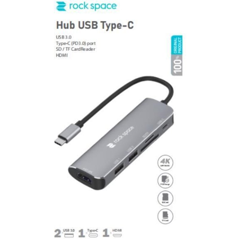 Rock Hub USB C grigio alluminio con 2 USB 3.0, lettore SD/TF, HDMI e Type C PD3.0