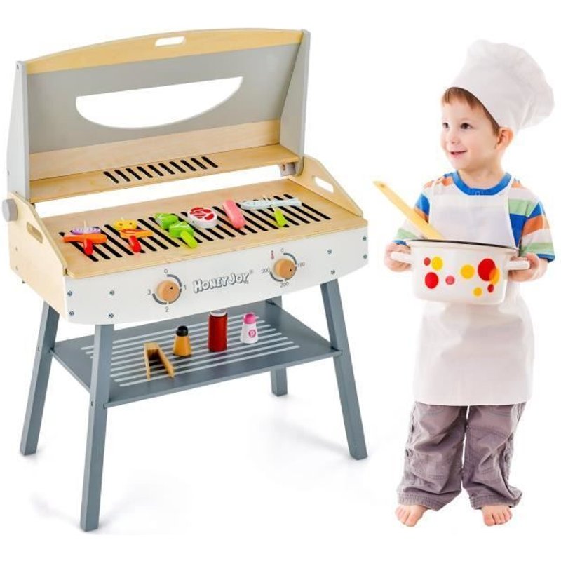 Jouet Barbecue Grill En Bois Pour Enfants 3 Ans+ - Costway - 17 Accessoires - Couvercle Rabattable