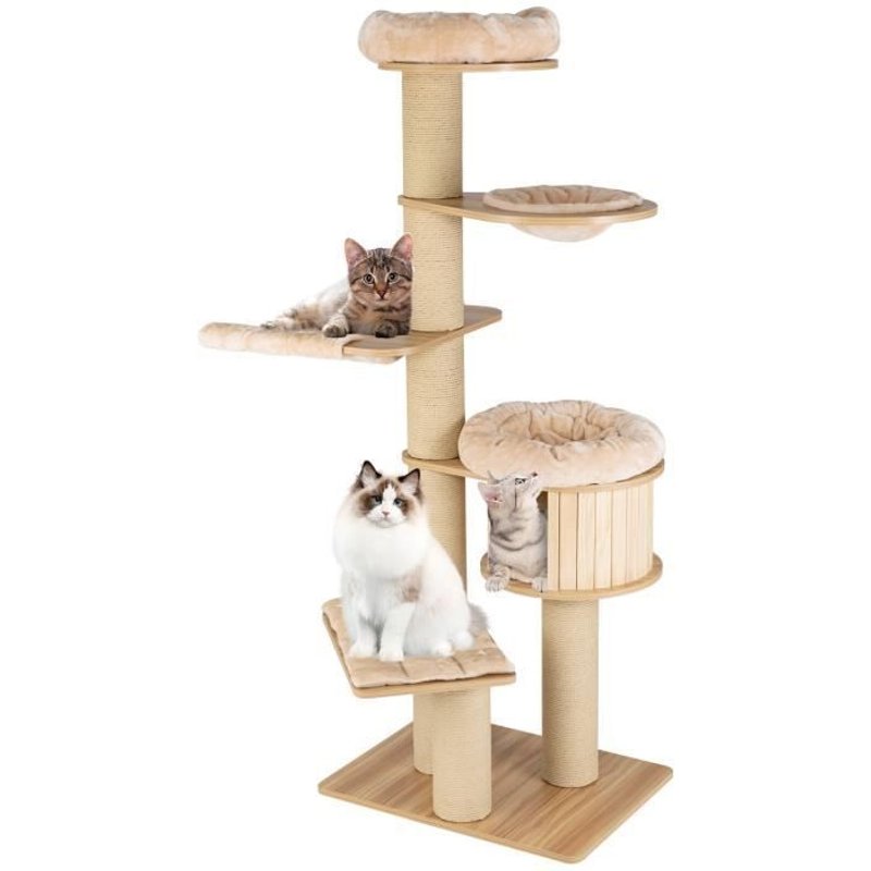Costway Arbre À Chat En Bois 191cm Avec Hamac, Panier, Perchoir Et Niche, Tour À Chat Avec Coussin Amovible Et Poteaux À Gratter