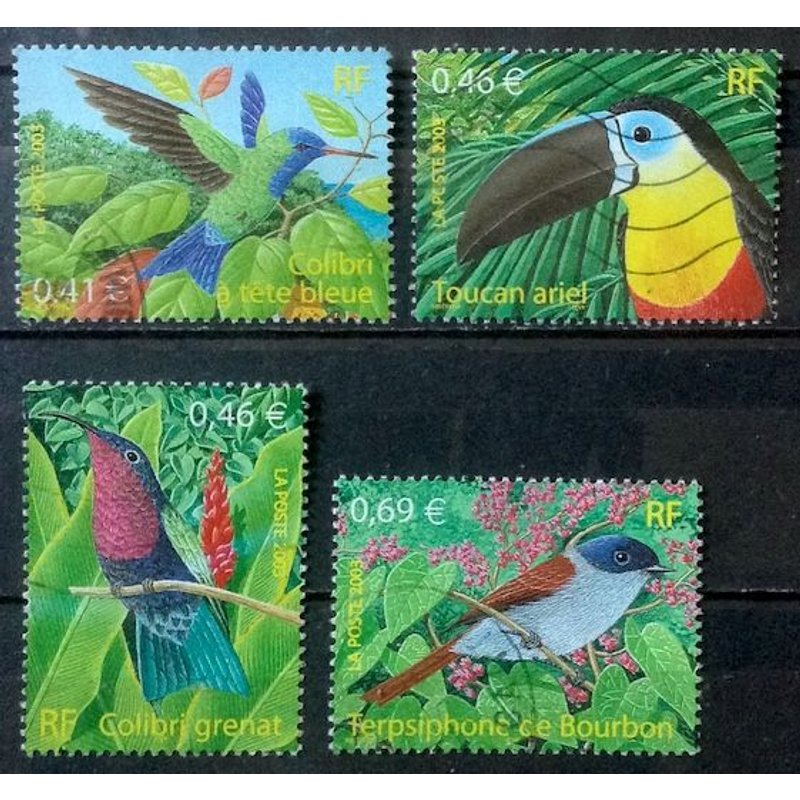 Série Nature De France 2003 - Très Jolis N° 3548 Colibri À Tête Bleue + 3549 Toucan Ariel + 3550 Colibri Grenat + 3551 Terpsiphone De Bourbon Obl - France Année 2003 - Brn83 - N32168