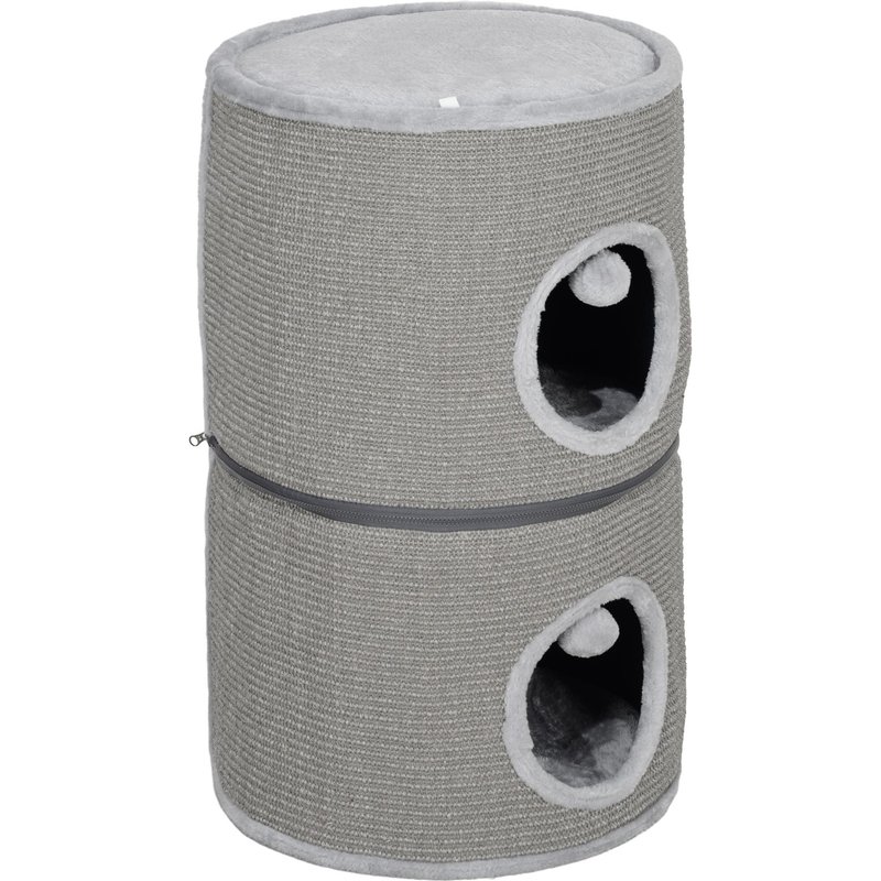 Tour Pour Chat Modulable Zippée 3 Parties - Tonneau Griffoir Chat 2 Pompons - Sisal Naturel Peluche Gris