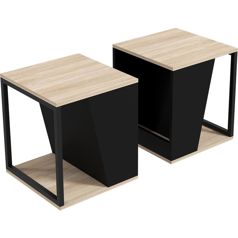 Lot De 2 Tables Basses GuĂ©ridons Design Acier Noir Aspect ChĂȘne Clair