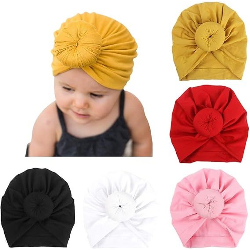 5pcs Baby Turban Set (Jaune, Noir, Rouge, Blanc, Rose) Naissance Chapeau Bowknot Mignon Élastique Enfant Chapeau Garçon Bébé Chapeau