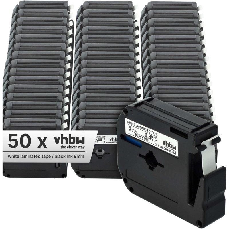 vhbw 50x Rubans compatible avec Brother P-Touch 70BBVP, 70BM, 70BMH, 70HK, 70HOL, 70HOT, 70SP imprimante d'étiquettes 9mm Noir sur Blanc