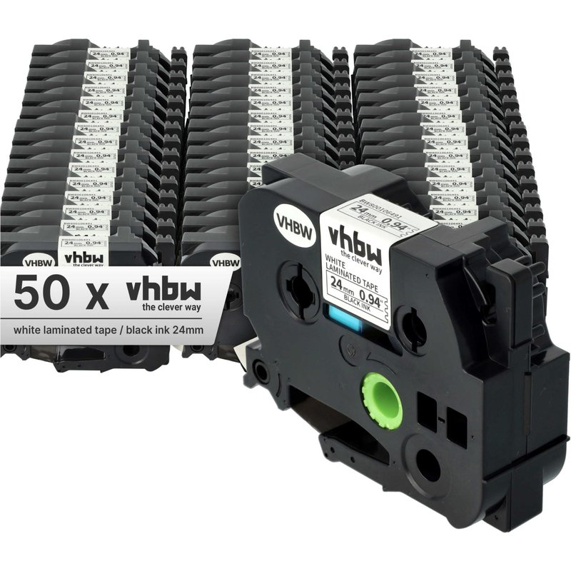 vhbw 50x Rubans compatible avec Brother P-Touch 2400 E, 2420 PC, 2430 PC, 2450 CC, 2400, 2450 imprimante d'étiquettes 24mm Noir sur Blanc