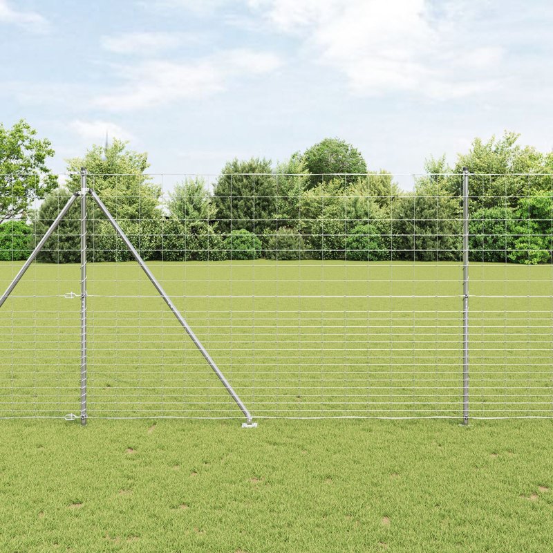 Clôture De Champ Vidaxl 1,6x25 M En Acier Galvanisé, Poteaux De Clôture Vidaxl Avec Pointe 13 Pcs Ø32 Mm 180 Cm En Acier Galvanisé