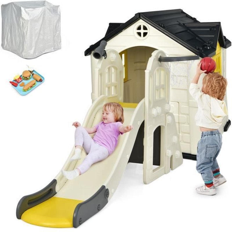 Costway 7 En 1 Toboggan Luxe Avec Maisonnette Pour Enfants Avec 7 Jouet Dinette - Glisse De 140 Cm En Pehd Anti-Uv 3-8 Ans Jaune