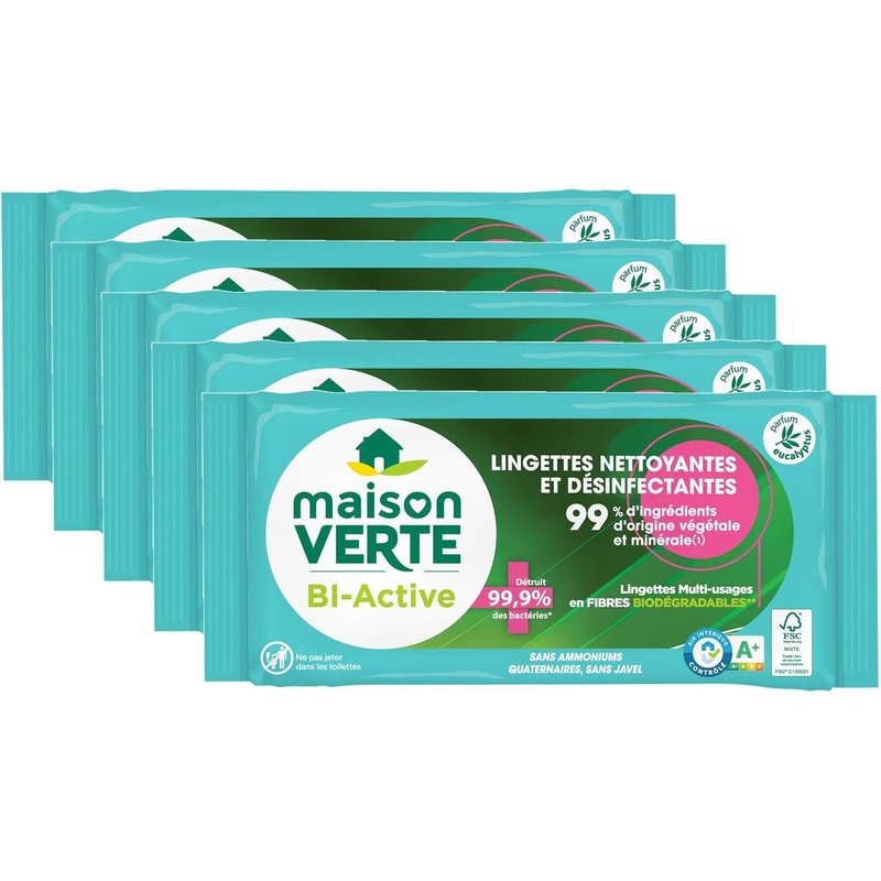 Maison Verte Lot de 5 Lingettes désinfectantes BioActive x35