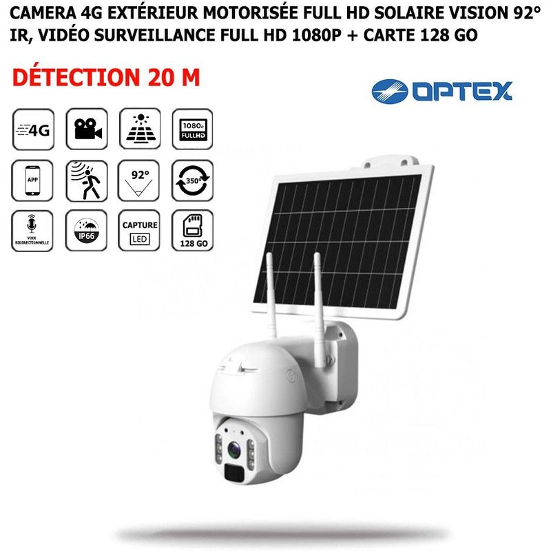 Camera 4G Extérieur Motorisée Solaire Vision 92° IR, Vidéo Surveillance Full HD 1080p, Détection 20 M, Rotation 350° + Carte 128 Go
