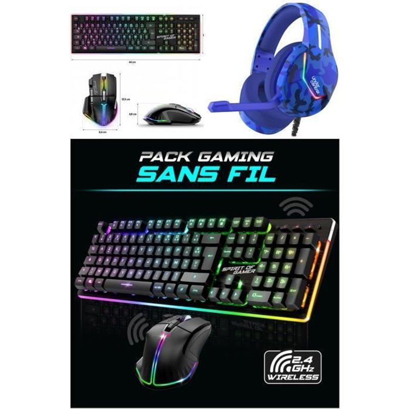 Pack GAMER Noir Sans fil Wireless Spirit of Gamer RGB PRO + SOURIS sans fil + CLAVIER semi mécanique sans fil + Casque GAMER FILAIRE
