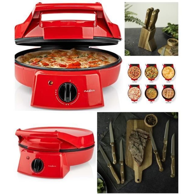 Four à Pizza Rouge et tartes avec Grill Plancha Revêtement Pierre antiadhésif Puissance 1800 W pancakes, omelettes, quiches + SET DE