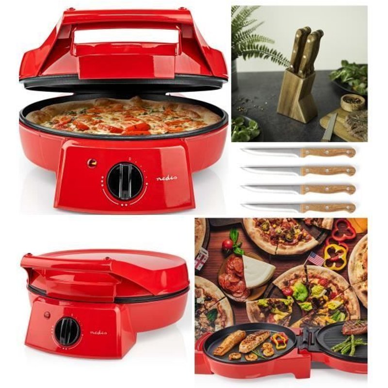 Four à Pizza Rouge et tartes avec Grill Plancha Revêtement Pierre antiadhésif Puissance 1800 W pancakes, omelettes, quiches + SET DE