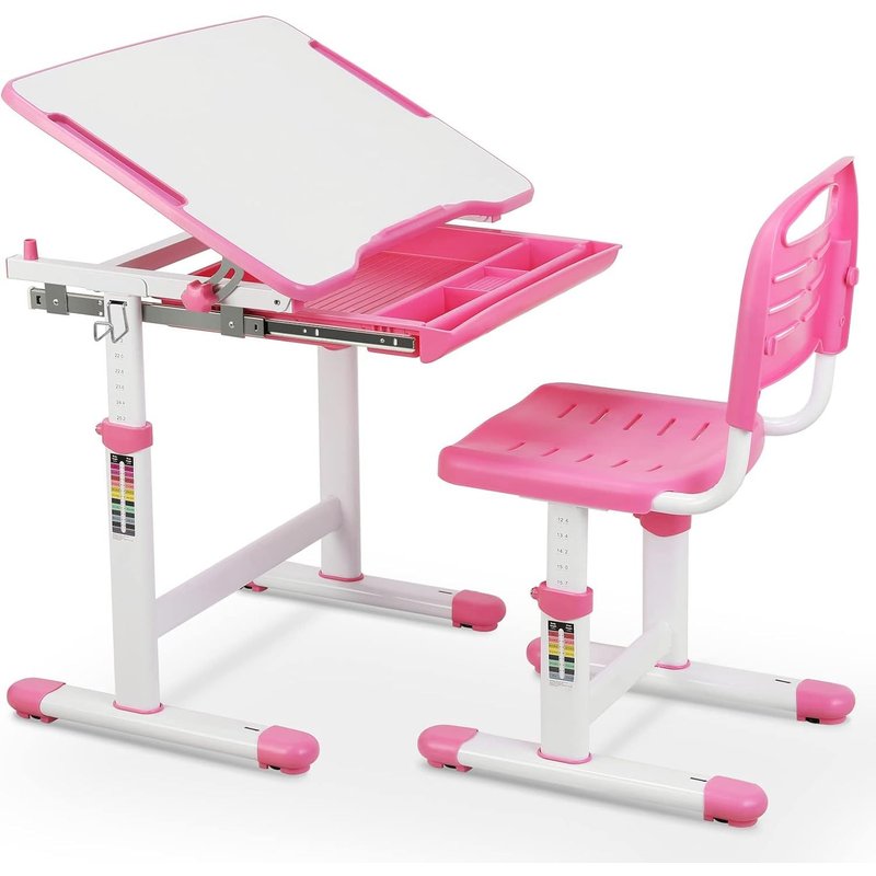 Bureau Pour Enfants - Bureau Et Chaise Réglable En Hauteur - Ensemble Table Et Chaise Plateau Inscriptible Inclinable 0-40°,Rose