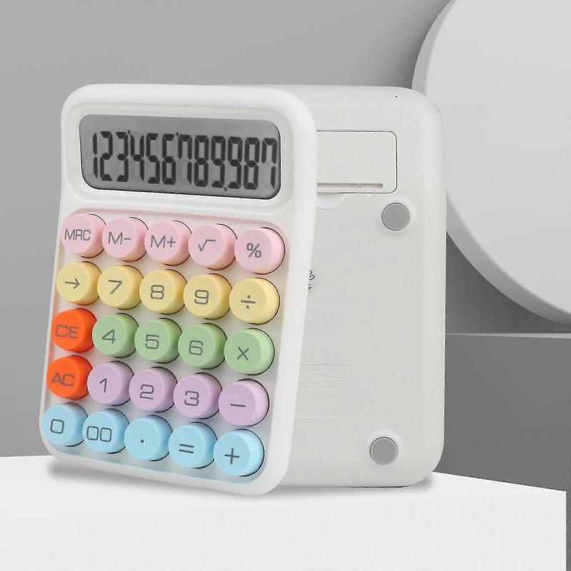 Calculatrice électronique colorée, grand écran LCD à 12 chiffres et gros boutons ronds, calculatrice de bureau couleur bonbon compatible bureau, école, maison, blanc
