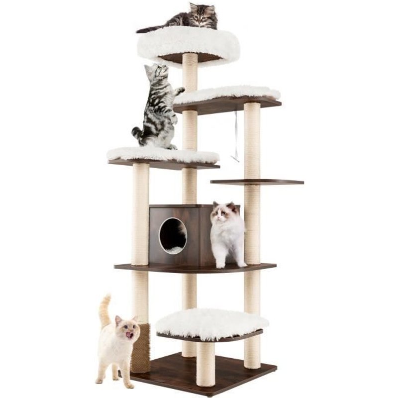 Costway Arbre À Chat Xxl 179cm En Bois 6 Niveaux Avec Coussins Amovibles, Poteaux En Sisal, Dispositif Anti-Basculement Charge 15 Kg